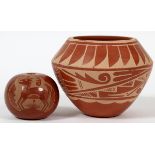 SANTA CLARA & OTHER REDWARE VESSELS, 20TH C., TWO, H 1 3/4" & 3 1/2': Including one bulbous