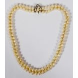 PEARL DOUBLE-STRAND NECKLACE WITH PEARL & DIAMOND CLASP, L 21": Individually knotted pearls,