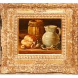 CONTEMPORARY OIL ON PANEL, 9" X 10 1/2", STILL LIFE: Depicting articles on a table including a