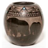 RED STARR SIOUX BLACKWARE POTTERY VESSEL, H 4" W 4": Round form pottery vessel, decorated with