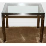 MODERN GLASS TOP & BRUSHED STEEL TABLE, H 22", L 27", D 22": Raised on a brushed steel base with