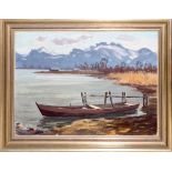 UNSIGNED, OIL ON CANVAS, H 21" W 30", BOAT AT THE COVE: Displayed in a gold painted frame.