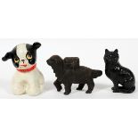 CAST IRON STILL BANKS, THREE, H 3 1/2" - 5": Including 1 cat, H.4", 1 dog with package on its