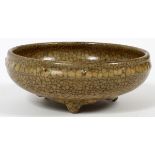 CHINESE CRACKLE GLAZE POTTERY FOOTED BOWL, H 2.25", DIA 6": Light brown glaze.