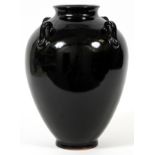 CHINESE BLACK GLAZED POTTERY VASE, H 12", DIA 8": Baluster form pottery vase, fitted with four