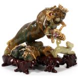 CHINESE CARVED HARD STONE TIGER WITH YELLOW GOLD & GEM STONE MOUNTS, H 5", L 8": Carved as a tiger