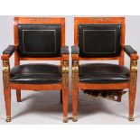 FRENCH EMPIRE STYLE MAHOGANY ARMCHAIRS WITH ORMOLU MOUNTS, PAIR: Each has a black faux leather