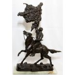 AFTER FREDERIC REMINGTON, PATINATED BRONZE SCULPTURE, H 15", BUFFALO SIGNAL: A triumphant American