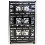 CHINESE BLACK LACQUER AND MOTHER-OF- PEARL CABINET, H 72", L 39", D 20":