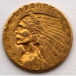 U.S. INDIAN HEAD, 2 1/2 DOLLAR GOLD COIN, 1913: Weighs approximately 4.2 grams.