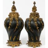 EUROPEAN GILT & BLACK PATINATED BRONZE COVERED SWIRL FORM VASES, PAIR, H 21", DIA 9": Pineapple