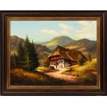 LUDWIG MUNINGER, OIL ON CANVAS 24" X 36" SCHWARZWALDHAUS: Signed lower left. Scene with mountain