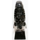 MEXICAN CARVED OBSIDIAN MAYAN HEAD WITH STERLING MOUNTS, H 10", W 3" [BASE]: Sterling silver