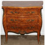 LOUIS XV STYLE SATINWOOD & INLAY THREE-DRAWER COMMODE, H 32", W 34", D 16 1/2": With metal mounts.