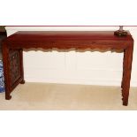 CHINESE CARVED WOOD ALTAR TABLE, H 33", L 59", D 19": Having carved side panels with repetitious