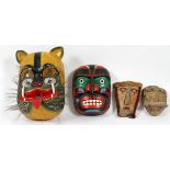 NATIVE AMERICAN & MEXICAN CARVED & WOVEN TRIBAL MASKS, 4 PCS, L 8"-15": Including two carved wood