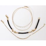 14KT YELLOW GOLD NECKLACE & BRACELETS, THREE: With a fine wire necklace, L 16", a leather and gold