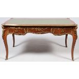 LOUIS XV STYLE MAHOGANY BUREAU PLAT WITH BRONZE MOUNTS, H 29", W 57", D 32": Inset green tooled