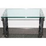 MODERN GLASS TOP TABLE, C. 1980, H 20", W 20", L 31": Rectangular form occasional table, raised on