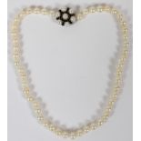 PEARL NECKLACE WITH SAPPHIRE & PEARL CLASP, L 16": Individually knotted pearls, approximately 7mm
