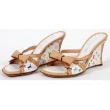 LOUIS VUITTON LEATHER WEDGE SANDALS, PAIR, SIZE 7 1/2: A pair of multi color monogrammed leather