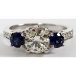 1.07CT DIAMOND & SAPPHIRE RING, GIA, SIZE 6.25-6.5: A 14kt white gold lady's ring, featuring a 1.