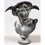 COMPOSITION BUST OF MERCURY, H 23", W 13": Bust of man with winged helmet. Measuring H. 23" x 13".