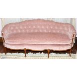 FRENCH STYLE MAHOGANY SOFA, L 85": Tufted velour back and down filled loose seat cushion, raised