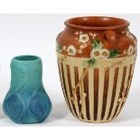 AMERICAN POTTERY VASES, TWO, H 4.75" - 7.5", ROSEVILLE, VAN BRIGGLE: Including one Van Briggle