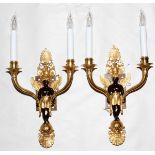 EMPIRE STYLE GILT METAL SCONCES, PAIR, H 17": Winged Nubian figures flanked by two candle arms.