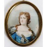 HAND PAINTED PORTRAIT MINIATURE, 19TH C., 3 1/4" X 2 5/8": Depicting a portrait of a lady, wearing a
