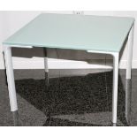 MODERN GLASS TOP TABLE, H 15", W 23" SQUARE TOP: A square form glass top table, measuring H. 15" x