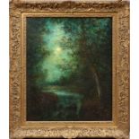 HUDSON MINDELL KITCHELL [1862-1944], OIL ON CANVAS, 1927, H 29" W 24", TWILIGHT WATERFALL: Hudson