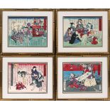 JAPANESE UKIYO-E WOODBLOCK PRINTS, FOUR, H 6 1/2", W 9": Edo period circa 1850. Various parade and