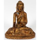 HAND CARVED WOOD GILDED BUDDHA, H 15", W 12": gilt wood body with embedded stone highlights.