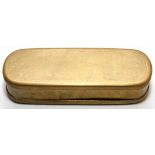 DUTCH BRASS SNUFF BOX, 18TH C., L 6 1/2": Oval hinged box with angelic hand chased scenes and