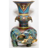CHINESE CLOISONNÉ ELEPHANT CENSER, H 11 1/2", W 7": Qianlong style, includes an urn flanked by