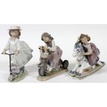 LLADRO PORCELAIN FIGURES OF GIRLS PLAYING,  THREE, H 7"-8 1/2": Including "On the Go",  #6031; "