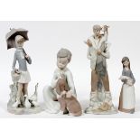 LLADRO BISQUE FIGURES, FOUR, H 6 3/4"-10 3/4":  Including "Girl with Pig", number 1011; "Boy  with