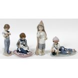 LLADRO PORCELAIN FIGURES OF BOYS PLAYING, FOUR,  H 6"-9": Including "Boy with Snails", #4896;  "