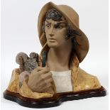 LLADRO GRES BUST, 'FISHERMAN', H 13 1/2", W 14",  #12108: Number 12108, with wood base.