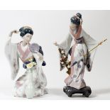 LLADRO PORCELAIN GEISHAS WITH FLOWERS 2 PCS., H  9", 11": One holding flower, other with closed