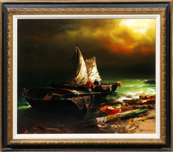 ARTUR UPELNICKS [RUSSIAN, 1911-1994], "BOATS IN  WAITING", H 24", W 30":  Signed lower right.