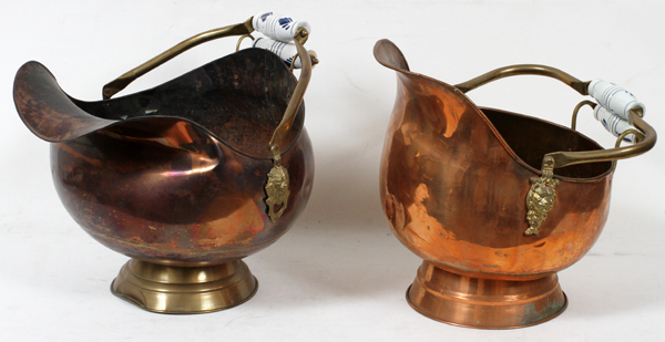 COPPER & BRASS, COAL SCUTTLES, 2, H 18",17":   possibly Dutch Copper and Brass, With Delph  Handles.