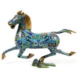 CHINESE CLOISONNE GALLOPING HORSE ATOP A DOVE,  20TH C., H 14" L 18":  Unsigned.