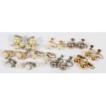 14KT YELLOW GOLD, PEARL, STERLING & COSTUME  EARCLIPS, NINE PAIRS:  Including 1 pair of 14kt  yellow