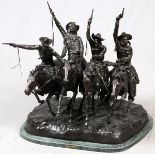 AFTER REMINGTON BRONZE SCULPTURE, "COMING  THROUGH THE RYE", H 28", W 30", L 28":  On green