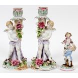 PORCELAIN CHERUB CANDLESTICKS, C. 1920, PAIR, H  10", & A FIGURE GROUP:  Including 2 cherub  figural