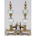 ITALIAN BRASS & GLASS ANDIRONS, PAIR, H 23":   Glass "paperweight" enhancements blown with  calla