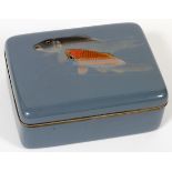 JAPANESE ENAMEL COVERED BOX, H 2 1/8", W 4", L 5  1/4", COVER WITH RAISED FISH IN THE WATER: